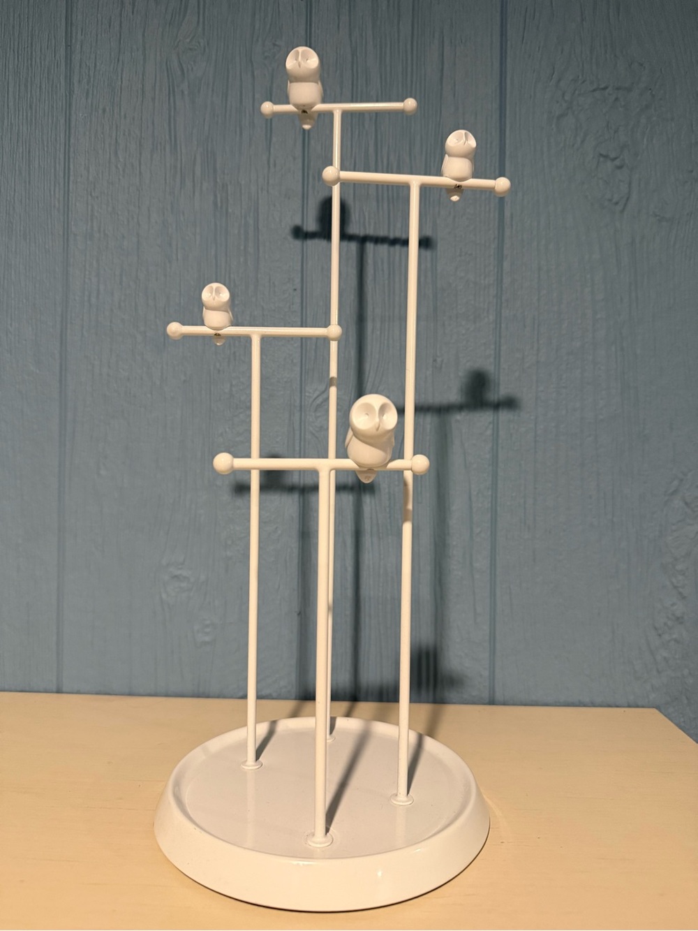 Vintage White Metal Owl Themed Jewelry Tree Stand